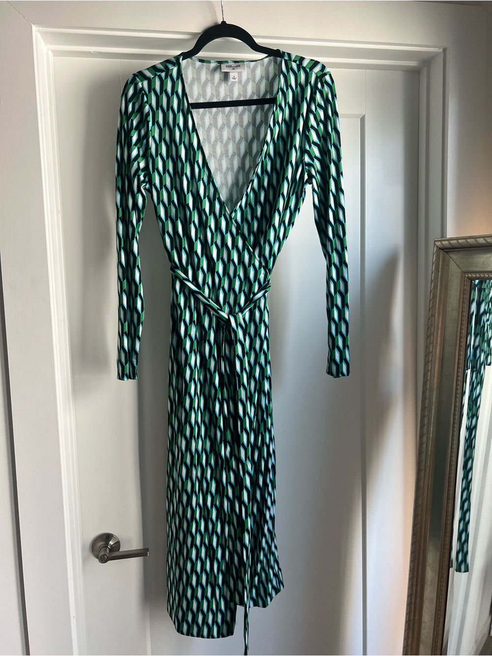 Diane Von Furstenberg Green Geometric Wrap Maxi Dress